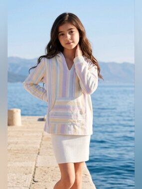 Roxy Girl Hooded Beach Sweater SZ XL Pastel Stripe Kangaroo Pocket